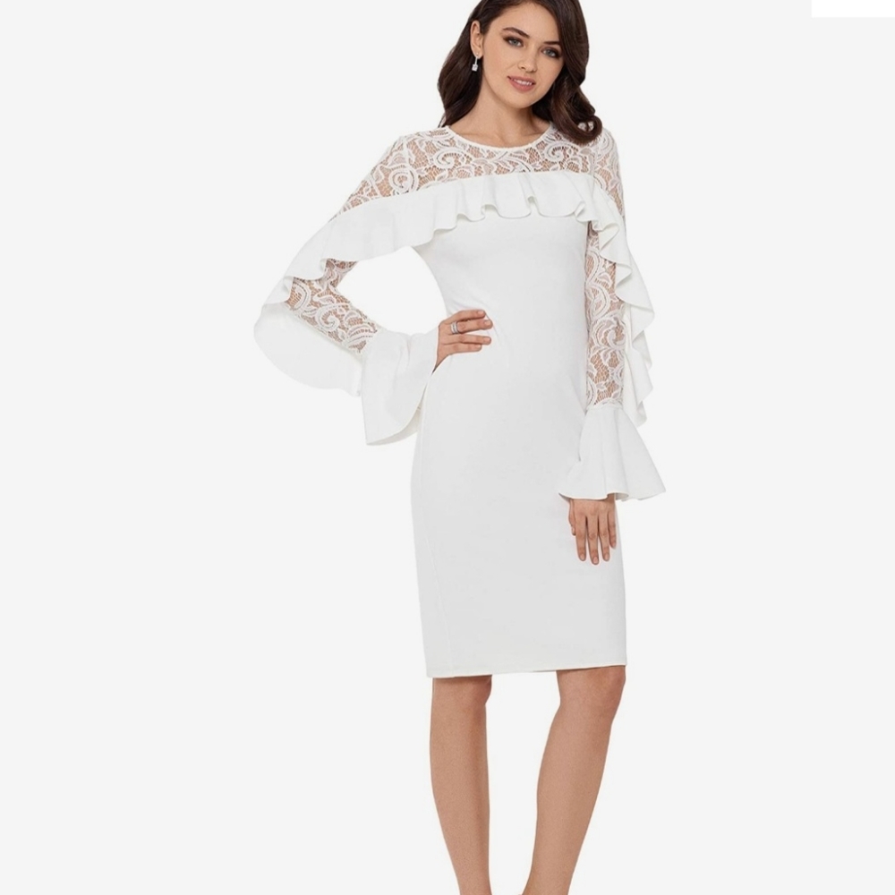 Betsy & Adam Ruffled Lace-Yoke Sheath Dress